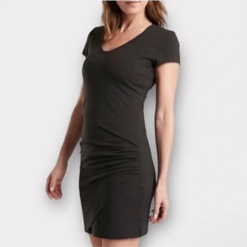 Athleta Nectar Faux Wrap Black Dress w/ Cap Sleeves, Ruching, Surplice Neck, S